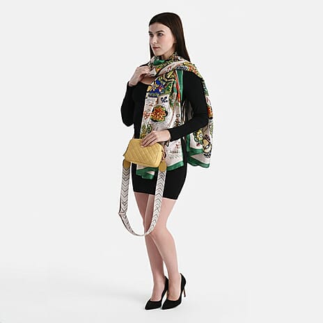 Sunlit Elegance Holiday Gift Duo - Stylish Quilted Crossbody Bag with Patterned Strap and La Marey Elegant Horse Pattern Satin Scarf (180x80cm)