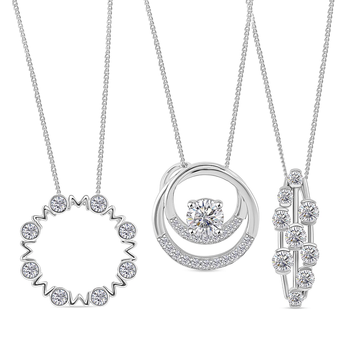Set of 3 - RADIANTA GRA Certified Moissanite Pendants with Chains (Size 18) in Rhodium Overlay Sterling Silver