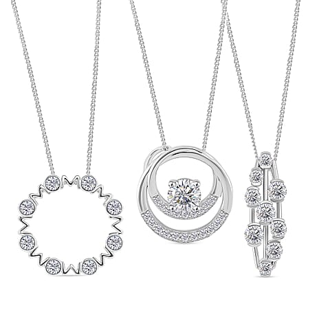Set of 3 - RADIANTA GRA Certified Moissanite Pendants with Chains (Size 18) in Rhodium Overlay Sterling Silver