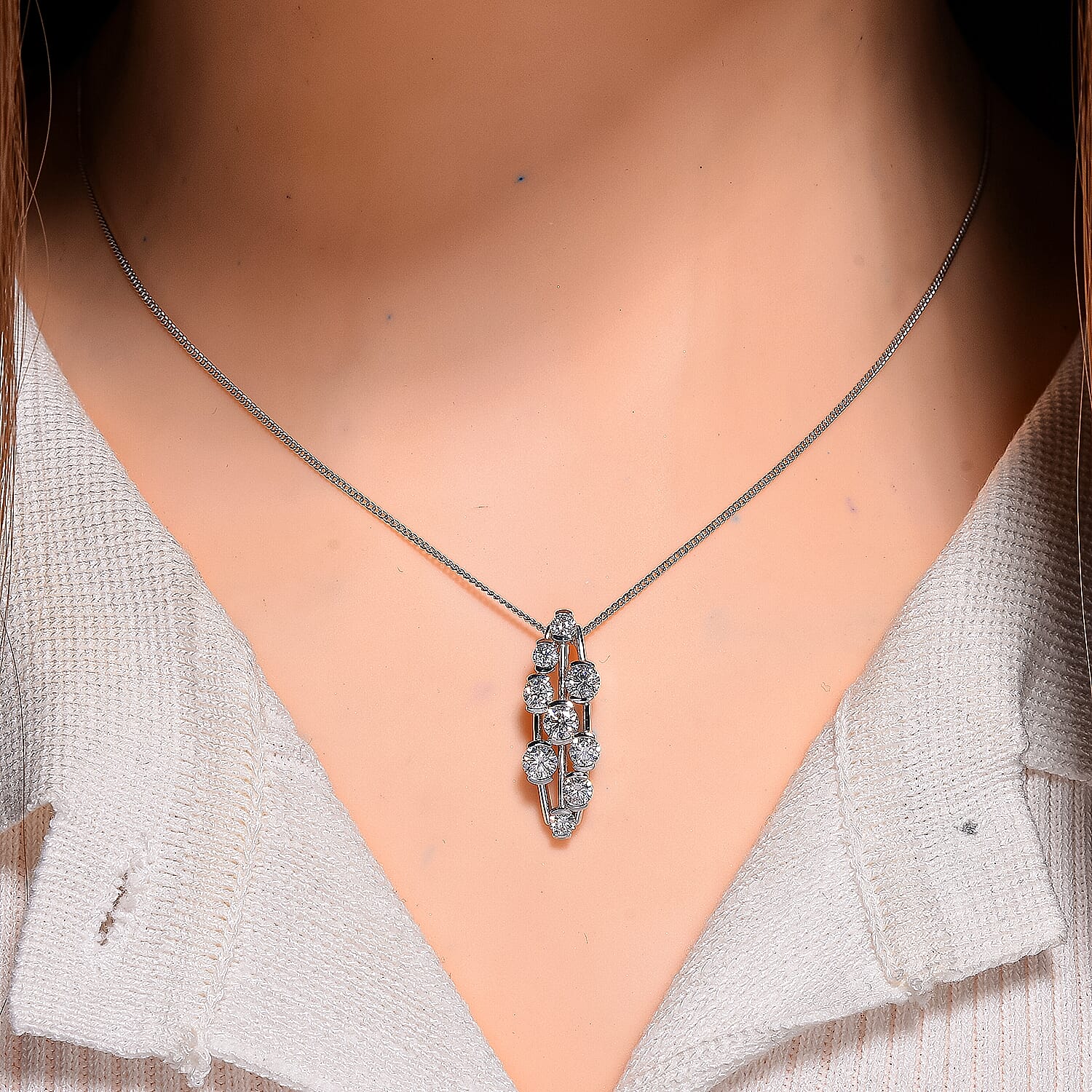 Set of 3 - RADIANTA GRA Certified Moissanite Pendants with Chains (Size 18) in Rhodium Overlay Sterling Silver