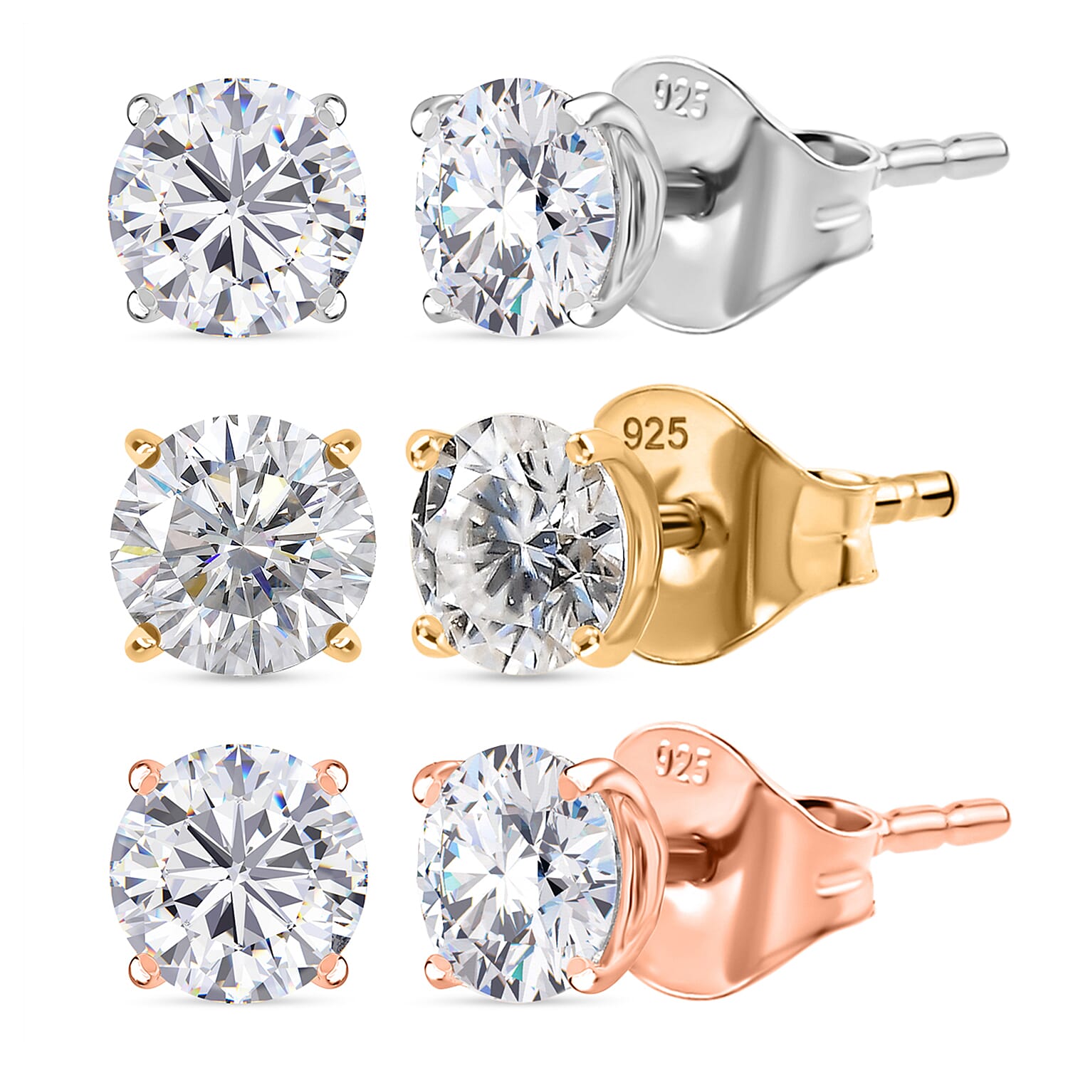 Set of 3 - Moissanite Solitaire Stud Push Post Earrings in Platinum, Yellow Gold & Rose Gold Plated Sterling Silver