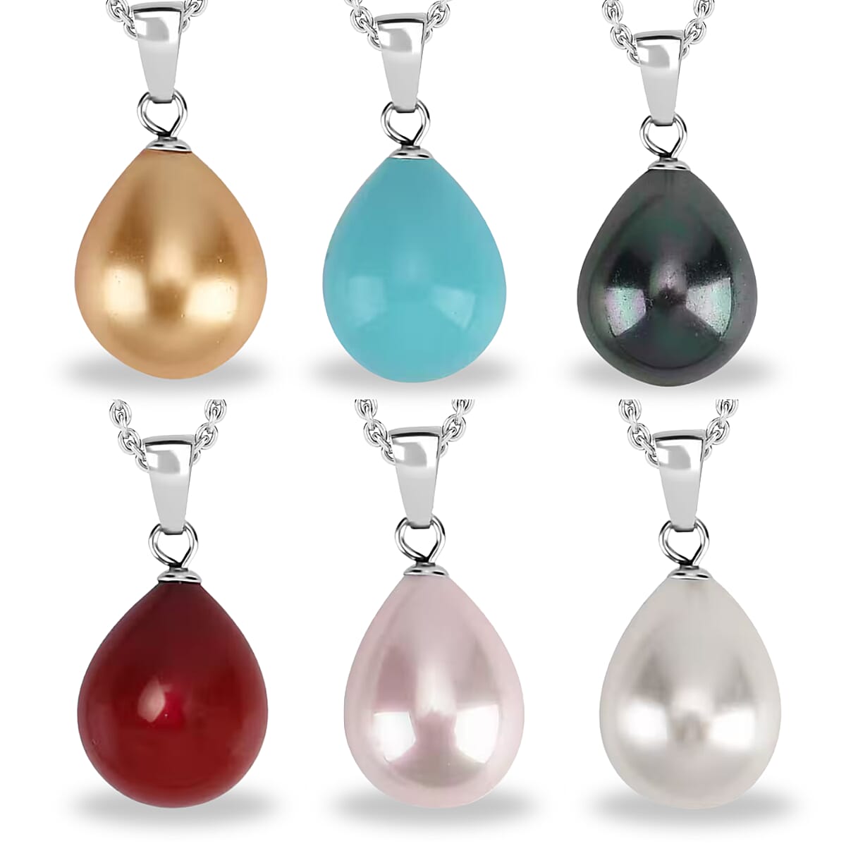Set of 6 - Pearl Pendants with Chains (Size 20) in Silver Tone 12.00 Ct. White, Pink, Golden, Sleeping Beauty, Red & Tahitian Pearls