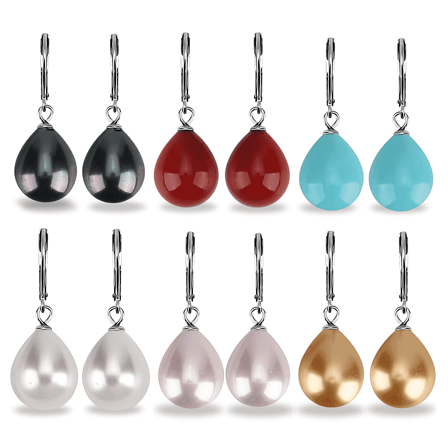 Set of 6 - Pearl Beads Earrings in Silver Tones 22.00 Ct. White, Pink, Golden, Sleeping Beauty, Red & Tahitian Shell Pearls