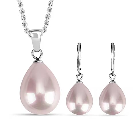 Pink Shell Pearl Pendant with Chain (Size 20) 12.00 Ct. in Silver Tone & Beads Earring Pure White Stainless Steel