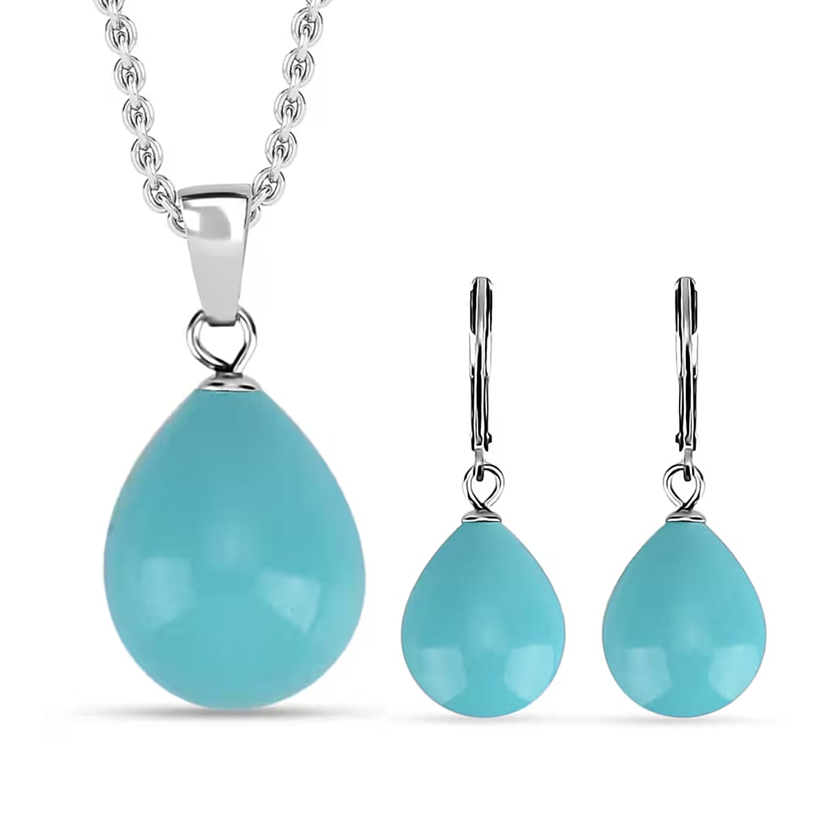 Set of Sleeping Beauty Color Shell Pearl Pendant with Chain (Size 20) & Blue Shell Pearl Drop Earring in Silber Tone