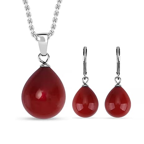 Set of Red Shell Pearl Pendant with Chain (Size 20) & Pearl Drop Earring in silver tone