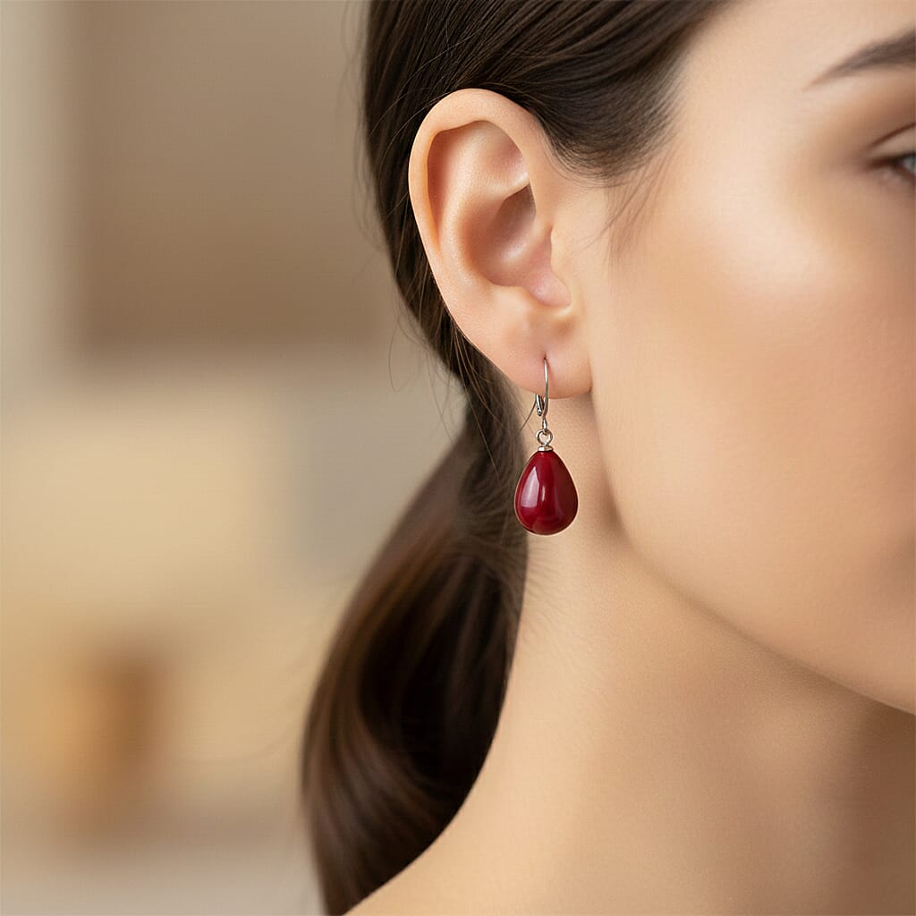 Set of Red Shell Pearl Pendant with Chain (Size 20) & Pearl Drop Earring in silver tone