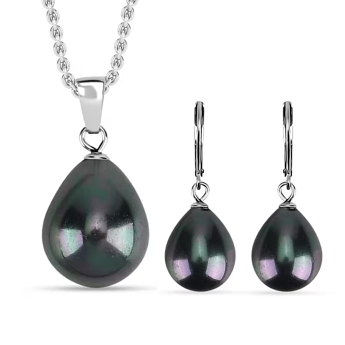 Set of Tahitian Color Shell Pearl Pendant with Chain (Size 20) & Pearl Drop Earring in silver tone