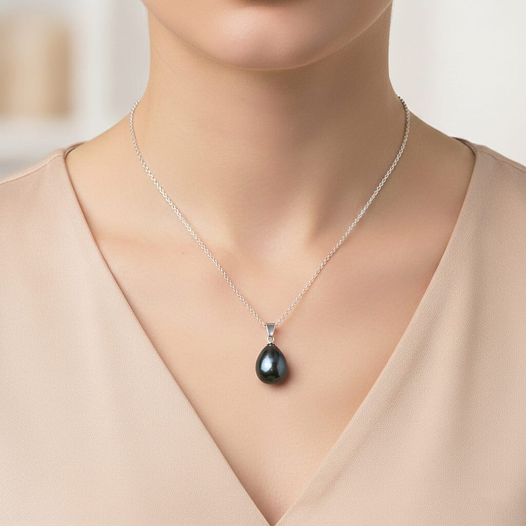 Set of Tahitian Color Shell Pearl Pendant with Chain (Size 20) & Pearl Drop Earring in silver tone