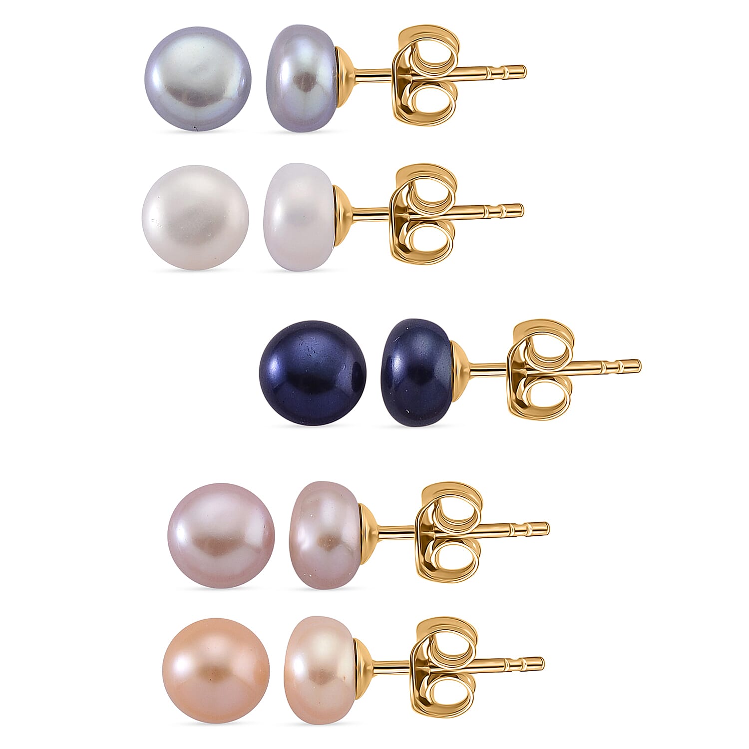 Set of 5 - Fresh Water Pearl Beads Earring with Push Back in Grey, White, Purple, Peach & Peacock