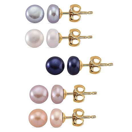 Set of 5 - Fresh Water Pearl Beads Earring with Push Back in Grey, White, Purple, Peach & Peacock