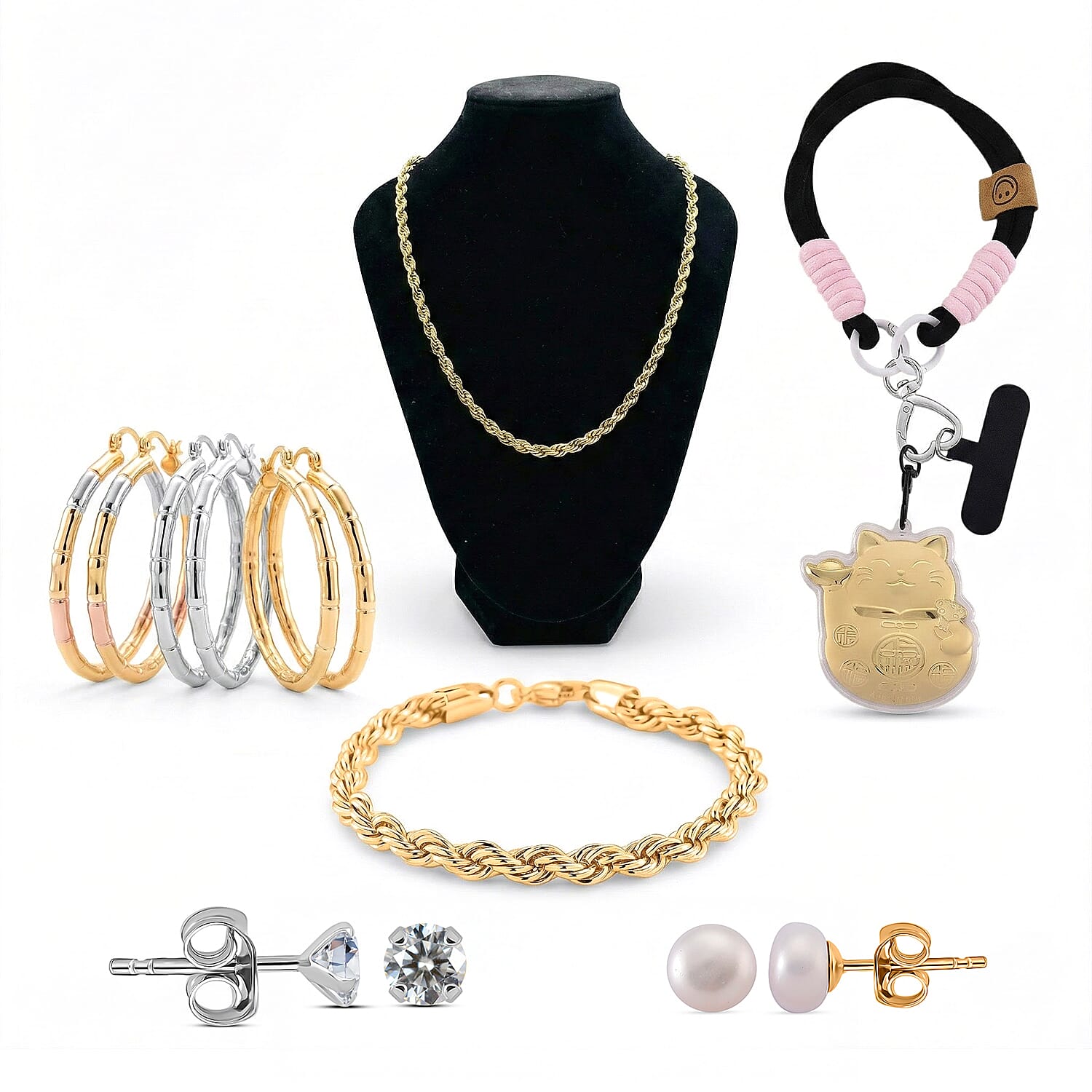 Jewellery Jackpot - Set of 3 Tricolor Hoop Earrings, Gold Plated Chunky Rope Necklace and Bracelet,  24k Money Cat Key Chain, Moissanite White Overlay Studs, White Fresh Water Pearl Earrings