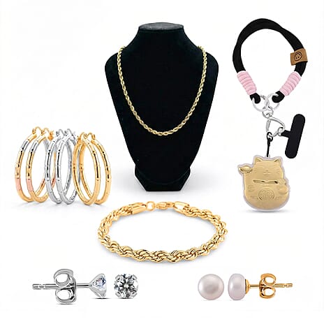 Jewellery Jackpot - Set of 3 Tricolor Hoop Earrings, Gold Plated Chunky Rope Necklace and Bracelet,  24k Money Cat Key Chain, Moissanite White Overlay Studs, White Fresh Water Pearl Earrings
