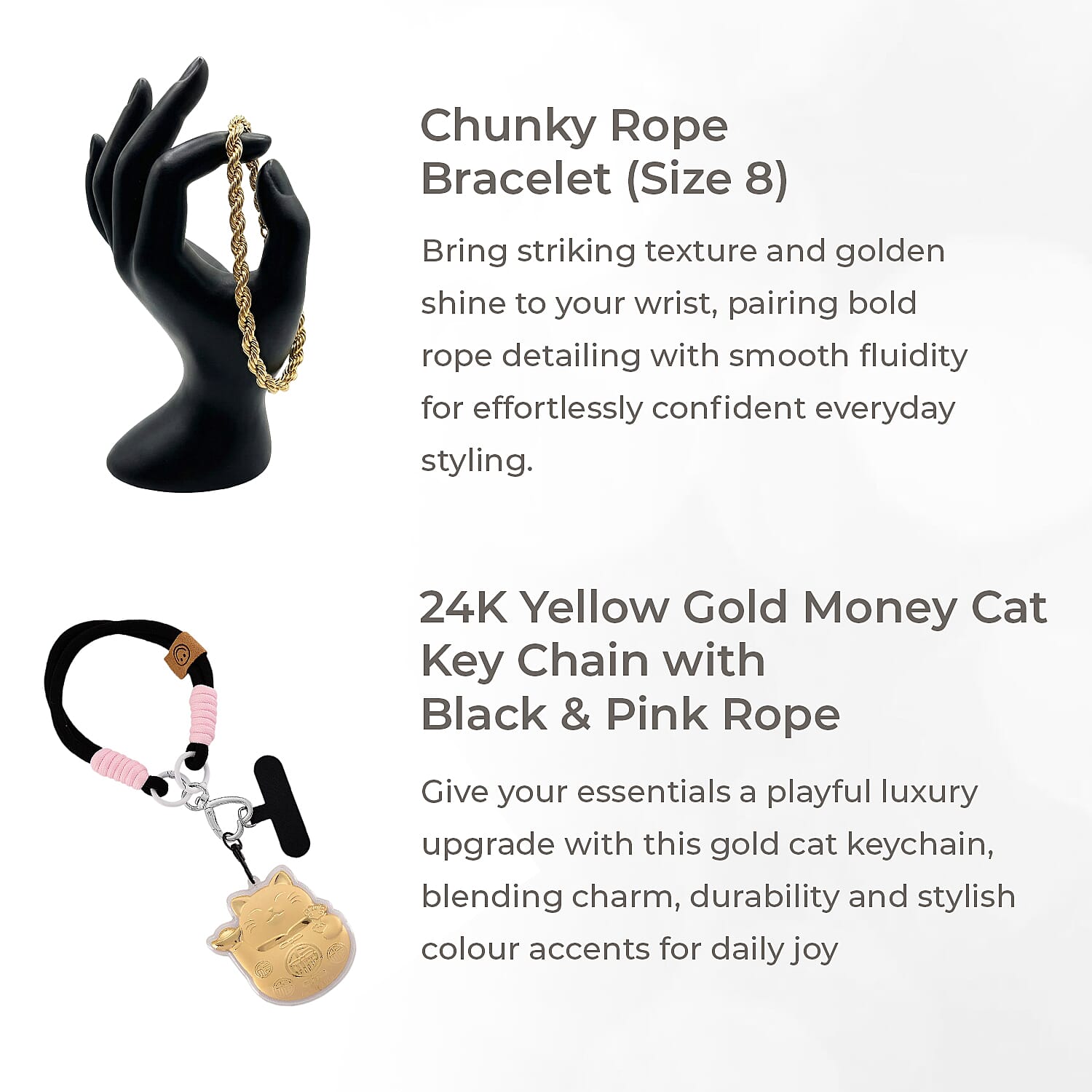 Jewellery Jackpot - Set of 3 Tricolor Hoop Earrings, Gold Plated Chunky Rope Necklace and Bracelet,  24k Money Cat Key Chain, Moissanite White Overlay Studs, White Fresh Water Pearl Earrings