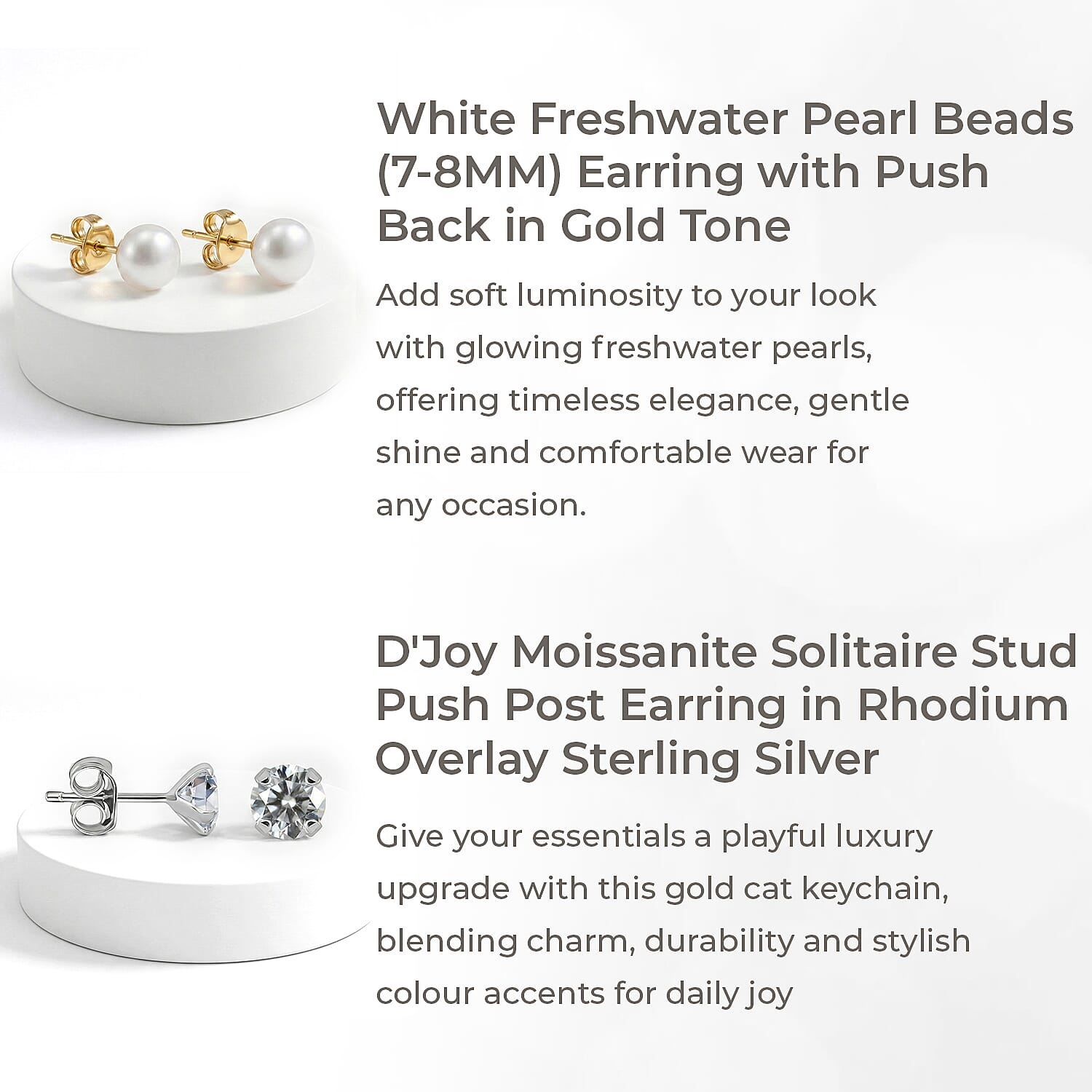 Jewellery Jackpot - Set of 3 Tricolor Hoop Earrings, Gold Plated Chunky Rope Necklace and Bracelet,  24k Money Cat Key Chain, Moissanite White Overlay Studs, White Fresh Water Pearl Earrings