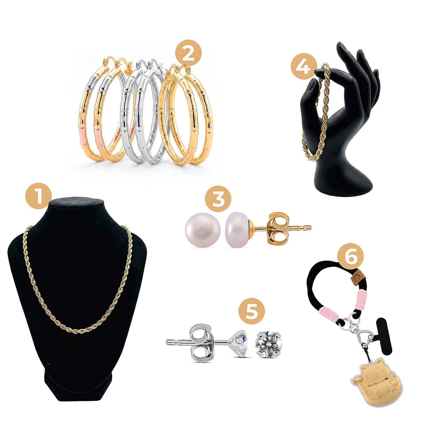 Jewellery Jackpot - Set of 3 Tricolor Hoop Earrings, Gold Plated Chunky Rope Necklace and Bracelet,  24k Money Cat Key Chain, Moissanite White Overlay Studs, White Fresh Water Pearl Earrings