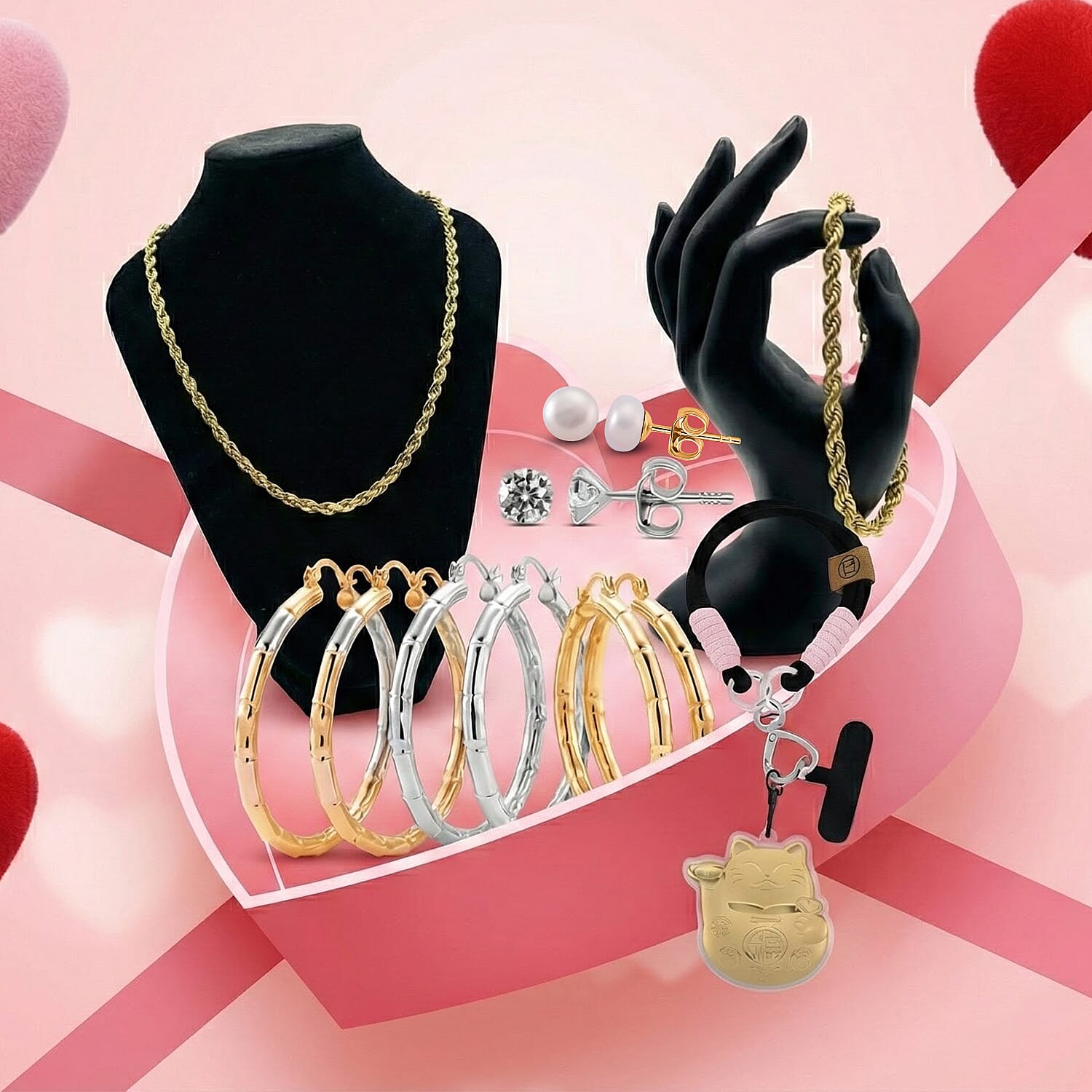 Jewellery Jackpot - Set of 3 Tricolor Hoop Earrings, Gold Plated Chunky Rope Necklace and Bracelet,  24k Money Cat Key Chain, Moissanite White Overlay Studs, White Fresh Water Pearl Earrings