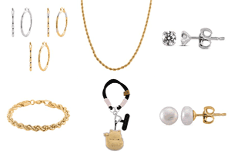 Jewellery Jackpot - Set of 3 Tricolor Hoop Earrings, Gold Plated Chunky Rope Necklace and Bracelet,  24k Money Cat Key Chain, Moissanite White Overlay Studs, White Fresh Water Pearl Earrings