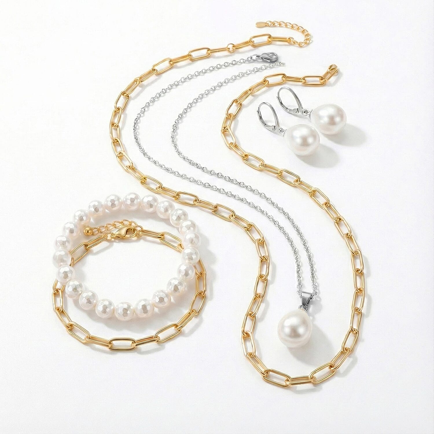 Glow & Go Jewellery Set - White Shell Pearl Lever Back Earrings, Pendant With Chain (Size 20), Bracelet, Gold Overlay Paperlink Necklace (Size 22-2), Gold Overlay Paperlink Bracelet (Size 8-2)