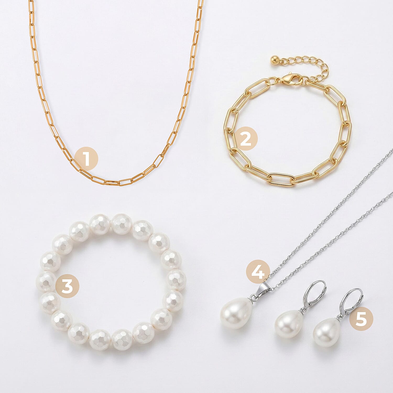 Glow & Go Jewellery Set - White Shell Pearl Lever Back Earrings, Pendant With Chain (Size 20), Bracelet, Gold Overlay Paperlink Necklace (Size 22-2), Gold Overlay Paperlink Bracelet (Size 8-2)