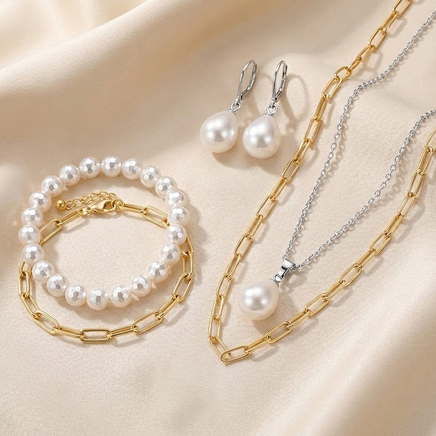 Glow & Go Jewellery Set - White Shell Pearl Lever Back Earrings, Pendant With Chain (Size 20), Bracelet, Gold Overlay Paperlink Necklace (Size 22-2), Gold Overlay Paperlink Bracelet (Size 8-2)