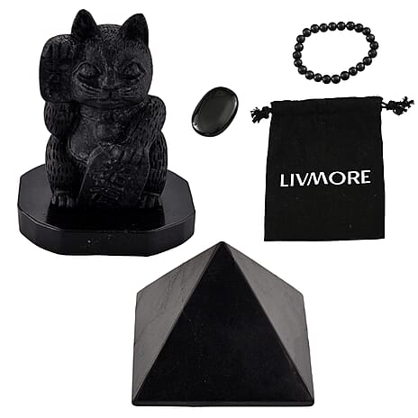 THE ULTIMATE SHUNGITE BUNDLE - Maneki Neko Lucky Cat Figurine, Pyramid Figurine, Bracelet, Palm Stone