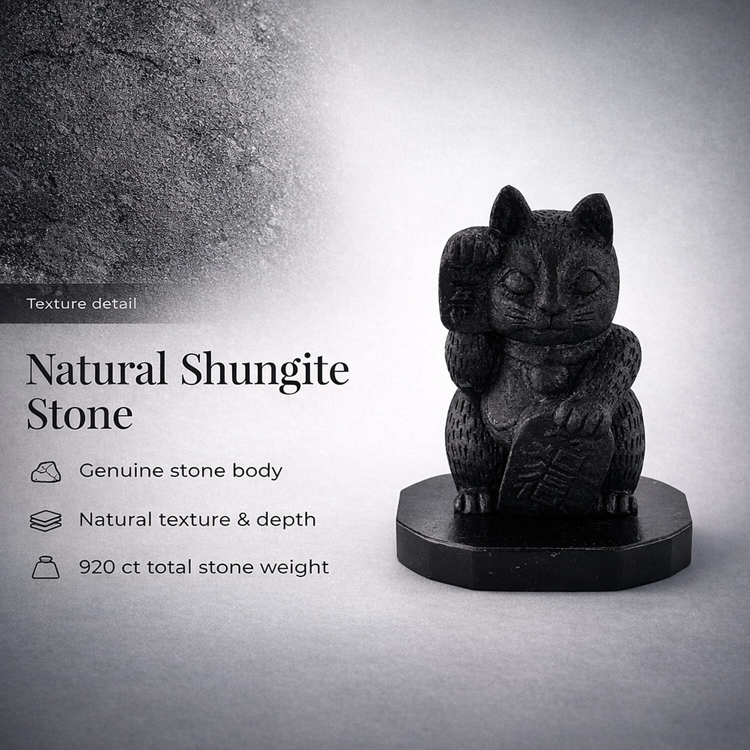 THE ULTIMATE SHUNGITE BUNDLE - Maneki Neko Lucky Cat Figurine, Pyramid Figurine, Bracelet, Palm Stone