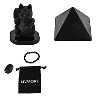 THE ULTIMATE SHUNGITE BUNDLE - Maneki Neko Lucky Cat Figurine, Pyramid Figurine, Bracelet, Palm Stone