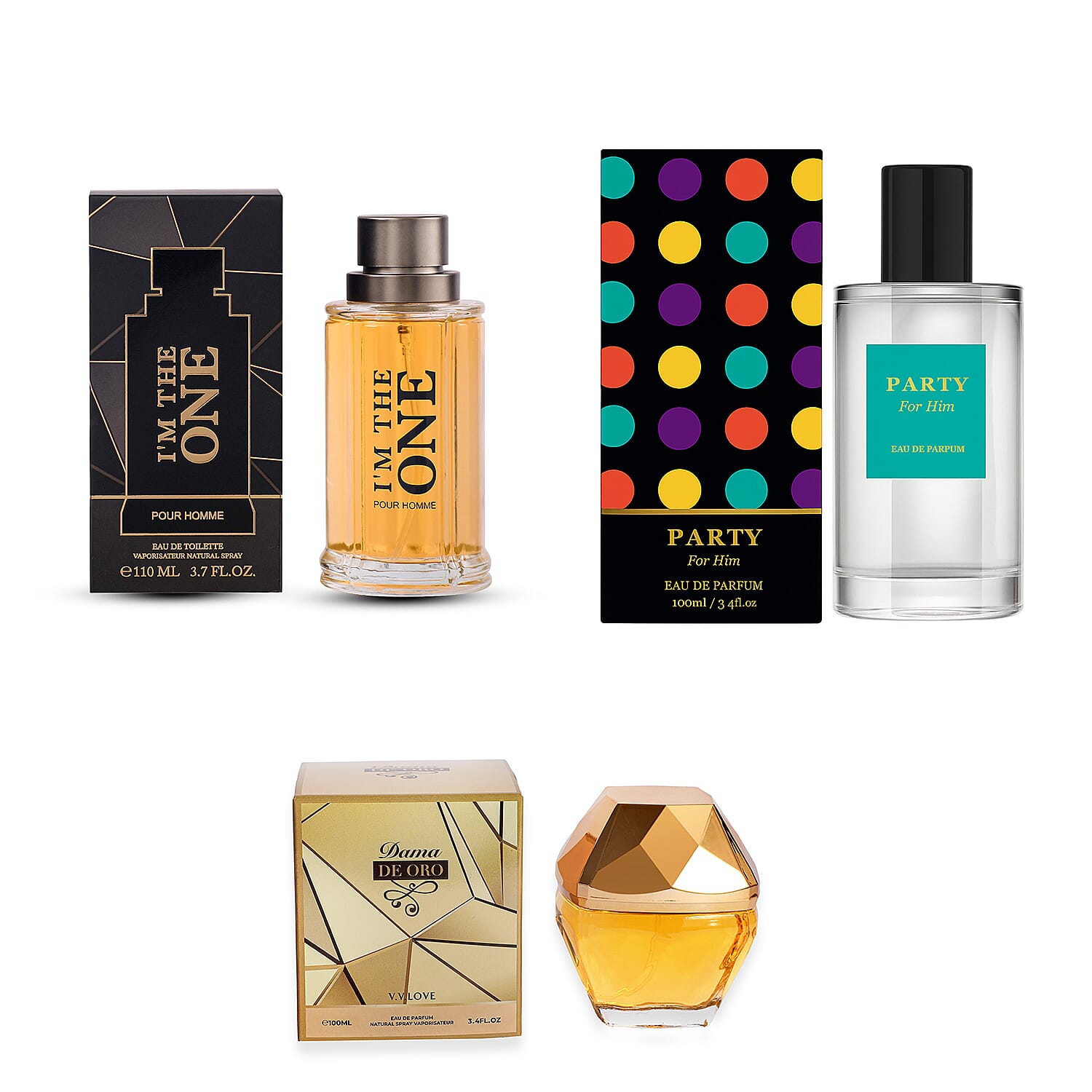 Set of 3 Laurelle Fragrances - Laurelle V.V. Love Dama DE ORO EDP - 100ml, Laurelle PARTY EDP - 100ml, Laurelle I'M The One EDT - 100ml