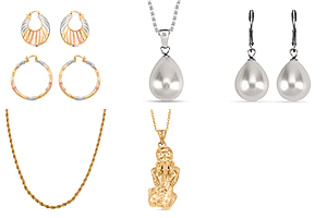 JEWELLERY JACKPOT -  2 Hoop Earring with Clasp in Tri Colour,White Shell Pearl Pendant with Chain (Size 20),Chunky Rope Necklace (Size 20),Pixiu Pendant with Chain (Size - 20-2 Inc