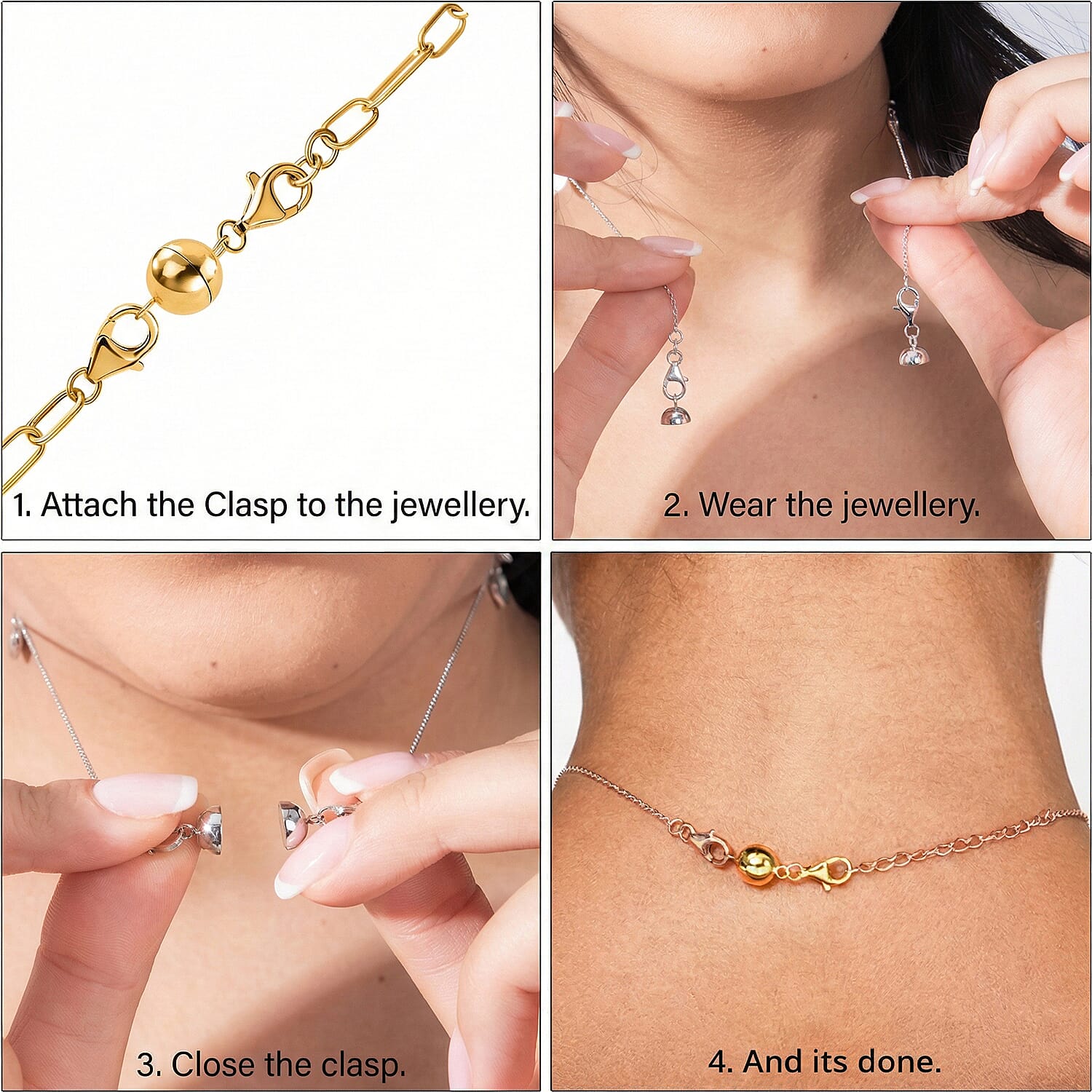 Set of 2 - Round Shape Magnetic Lock with Lobster Clasp in Yellow Gold Plated Sterling Silver