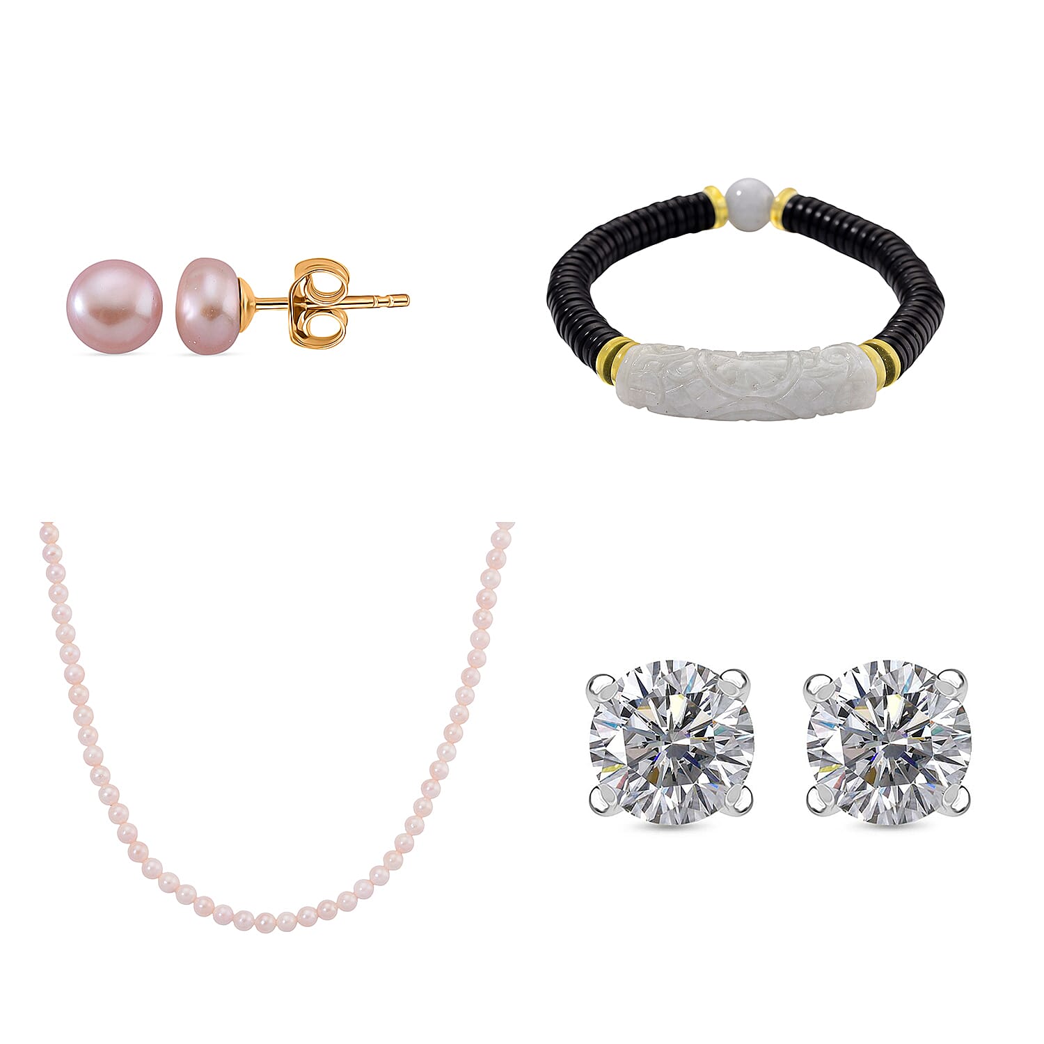New Year Jackpot Luxury Jewellery Bundle - Japanese Akoya Pearl Necklace, Natural Type A White Jade Bracelet Moissanite Stud Earring, Fresh Water Pearl Earring