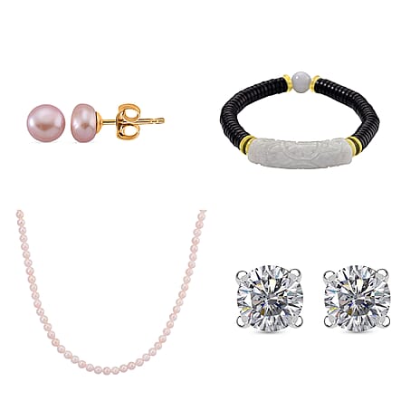 New Year Jackpot Luxury Jewellery Bundle - Japanese Akoya Pearl Necklace, Natural Type A White Jade Bracelet Moissanite Stud Earring, Fresh Water Pearl Earring