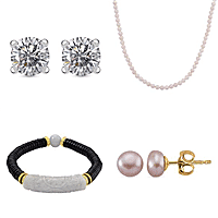 New Year Jackpot Luxury Jewellery Bundle - Japanese Akoya Pearl Necklace, Natural Type A White Jade Bracelet Moissanite Stud Earring, Fresh Water Pearl Earring