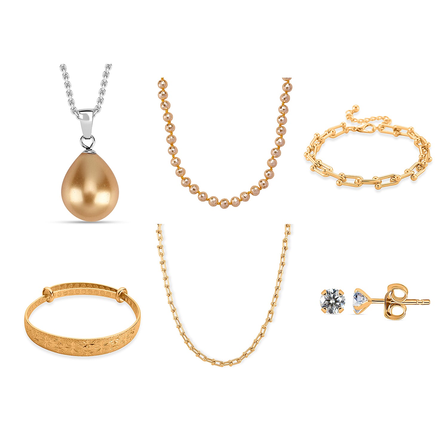 Glamour and Glitz Jewellery Set - Moissanite Yellow O-lay Studs, Industrial Link Yellow Overlay Necklace and Bracelet, Floral Harmany Bangle, South Sea Color Golden Shell Pearl Necklace and Pendant