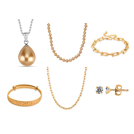 Glamour and Glitz Jewellery Set - Moissanite Yellow O-lay Studs, Industrial Link Yellow Overlay Necklace and Bracelet, Floral Harmany Bangle, South Sea Color Golden Shell Pearl Necklace and Pendant