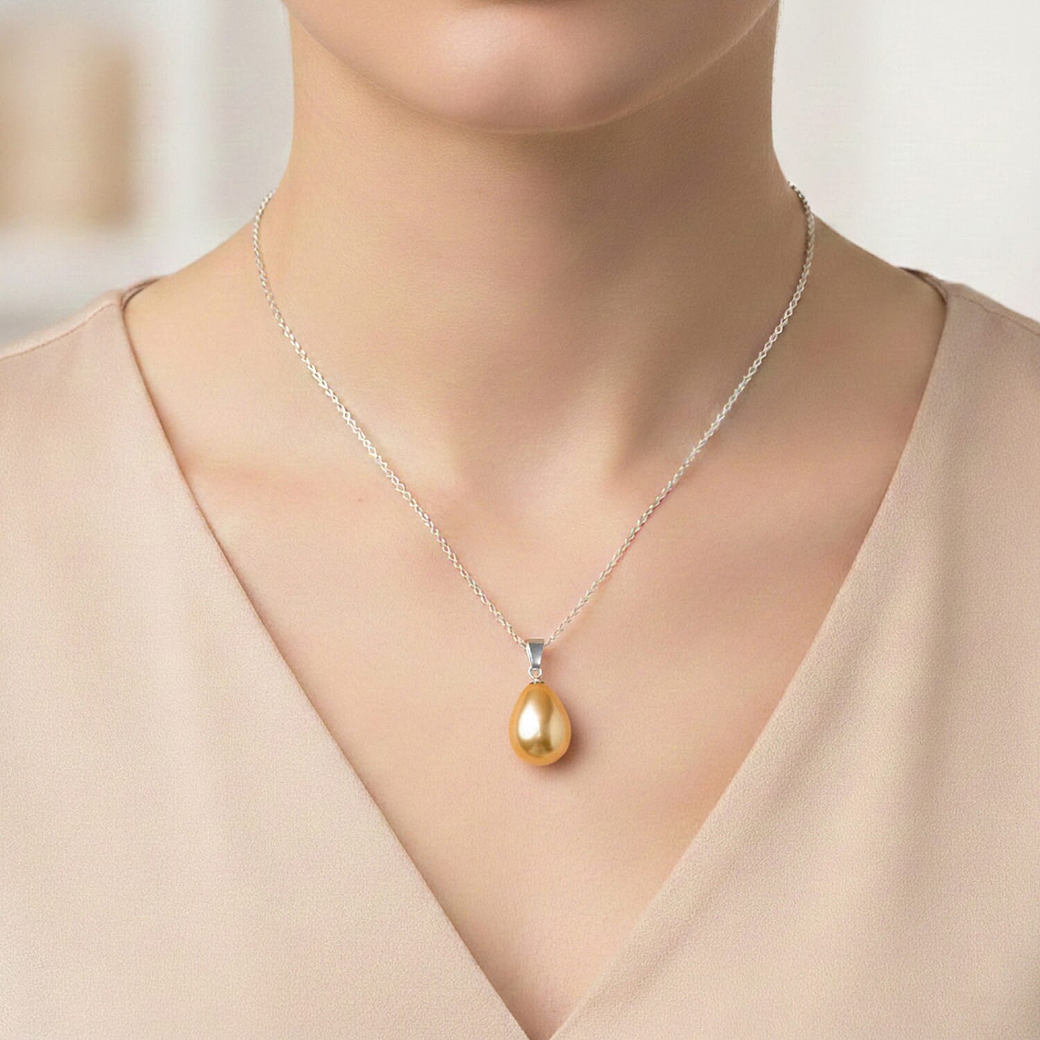 Glamour and Glitz Jewellery Set - Moissanite Yellow O-lay Studs, Industrial Link Yellow Overlay Necklace and Bracelet, Floral Harmany Bangle, South Sea Color Golden Shell Pearl Necklace and Pendant