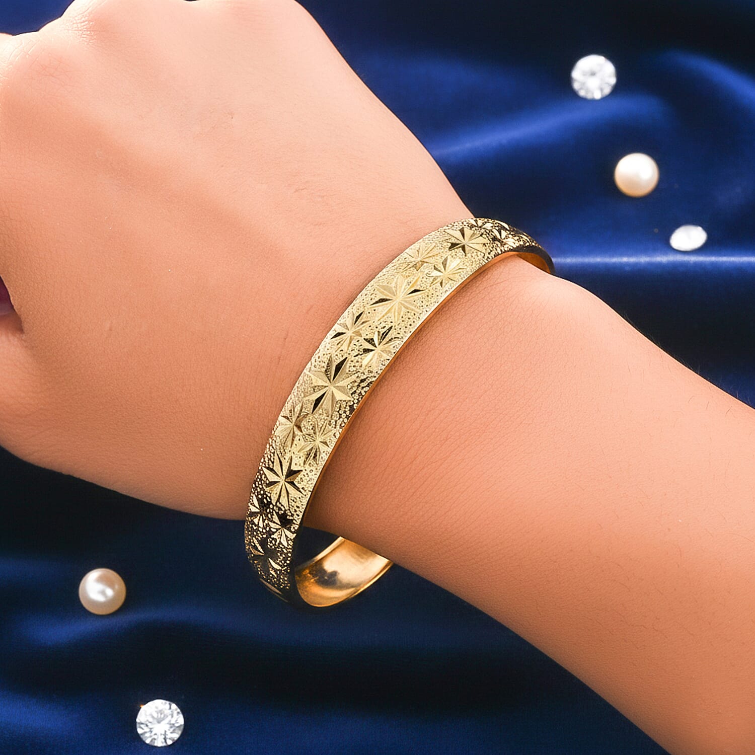 Glamour and Glitz Jewellery Set - Moissanite Yellow O-lay Studs, Industrial Link Yellow Overlay Necklace and Bracelet, Floral Harmany Bangle, South Sea Color Golden Shell Pearl Necklace and Pendant