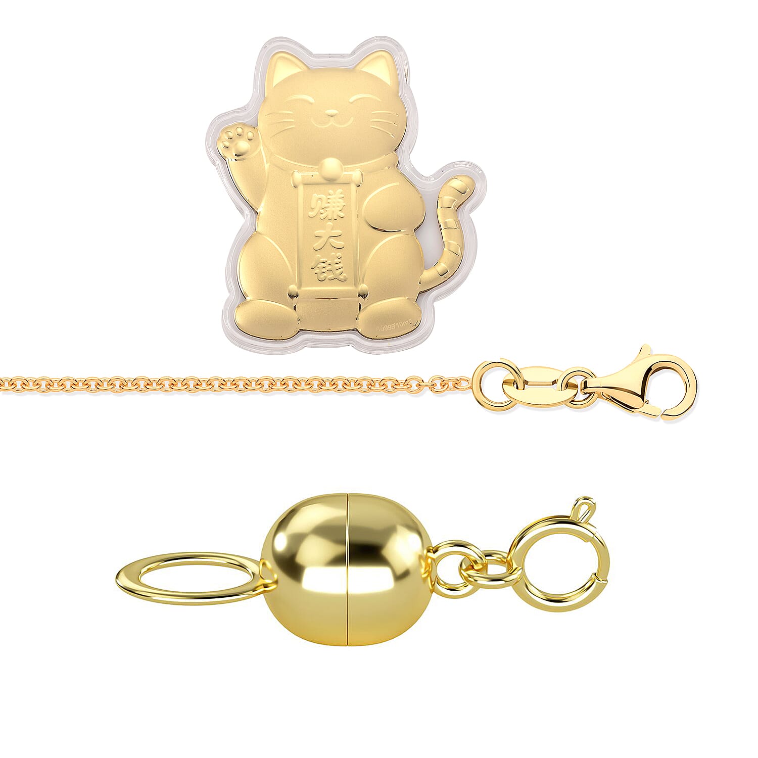 Jewellery Pack of 3 - 9K Yellow Gold Magnetic Lock with Spring Ring Clasp,9K Yellow Gold Rolo Necklace (Size - 18) with Spring Ring Clasp,24K Yellow Gold Maneki Neko Lucky Cat