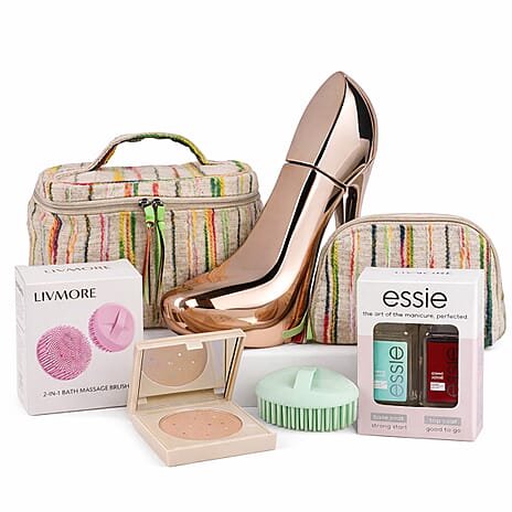 DESTINYS MEGA BEAUTY BUNDLE (Fragrance - Shoo Addict Allure, Magic Touch Powder with Brush, Cosmetic Bag, Massager 2-in-1 Shower Brush and Nail Care Set)