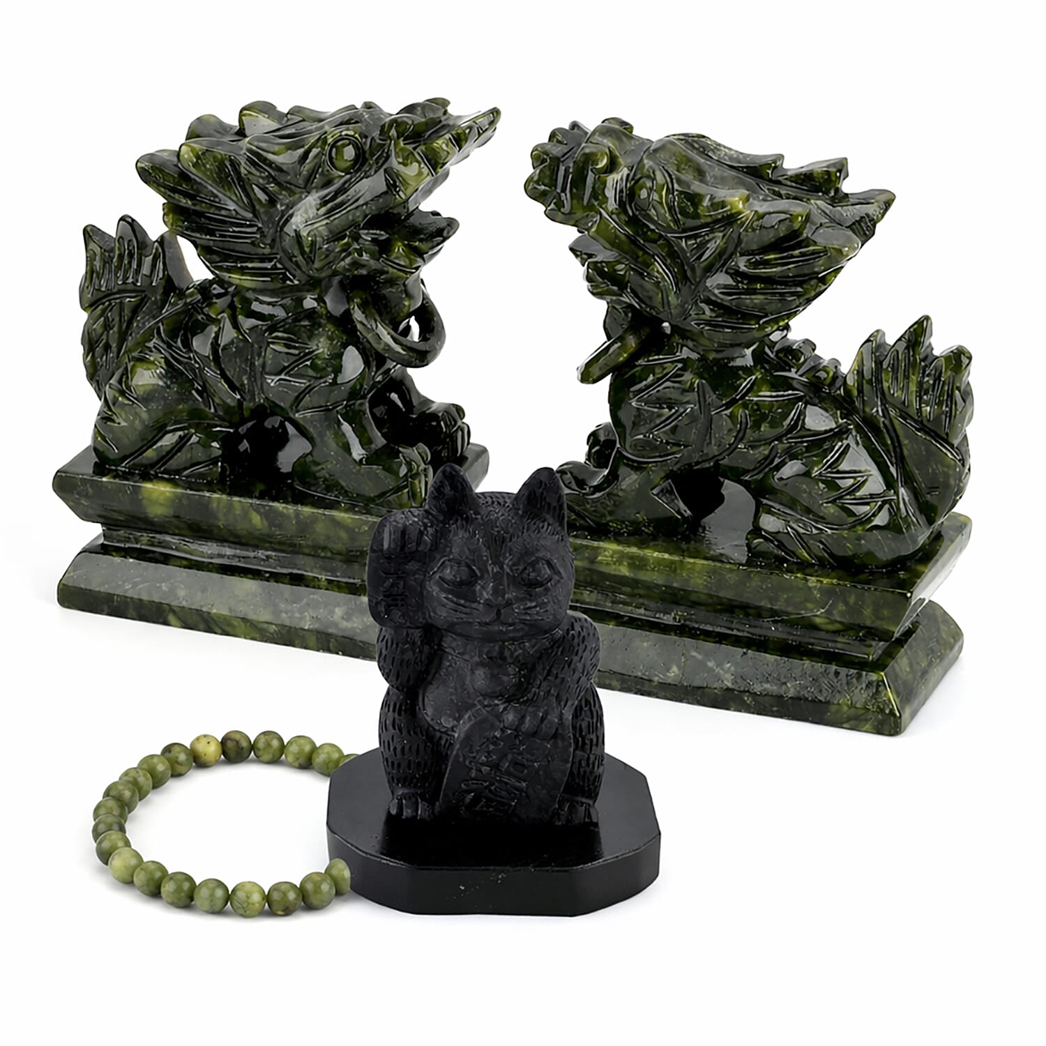 Natural Shungite Maneki Neko Lucky Cat Figurine 920.00 Ct & 2 Serpentine Jade Carved Pixiu Sculptures With Bracelet 5045.00 Ct.