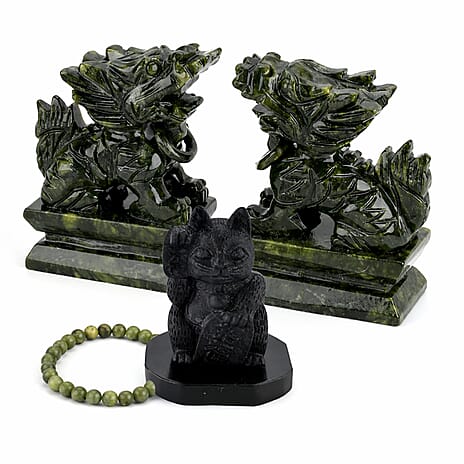 Natural Shungite Maneki Neko Lucky Cat Figurine 920.00 Ct & 2 Serpentine Jade Carved Pixiu Sculptures With Bracelet 5045.00 Ct.