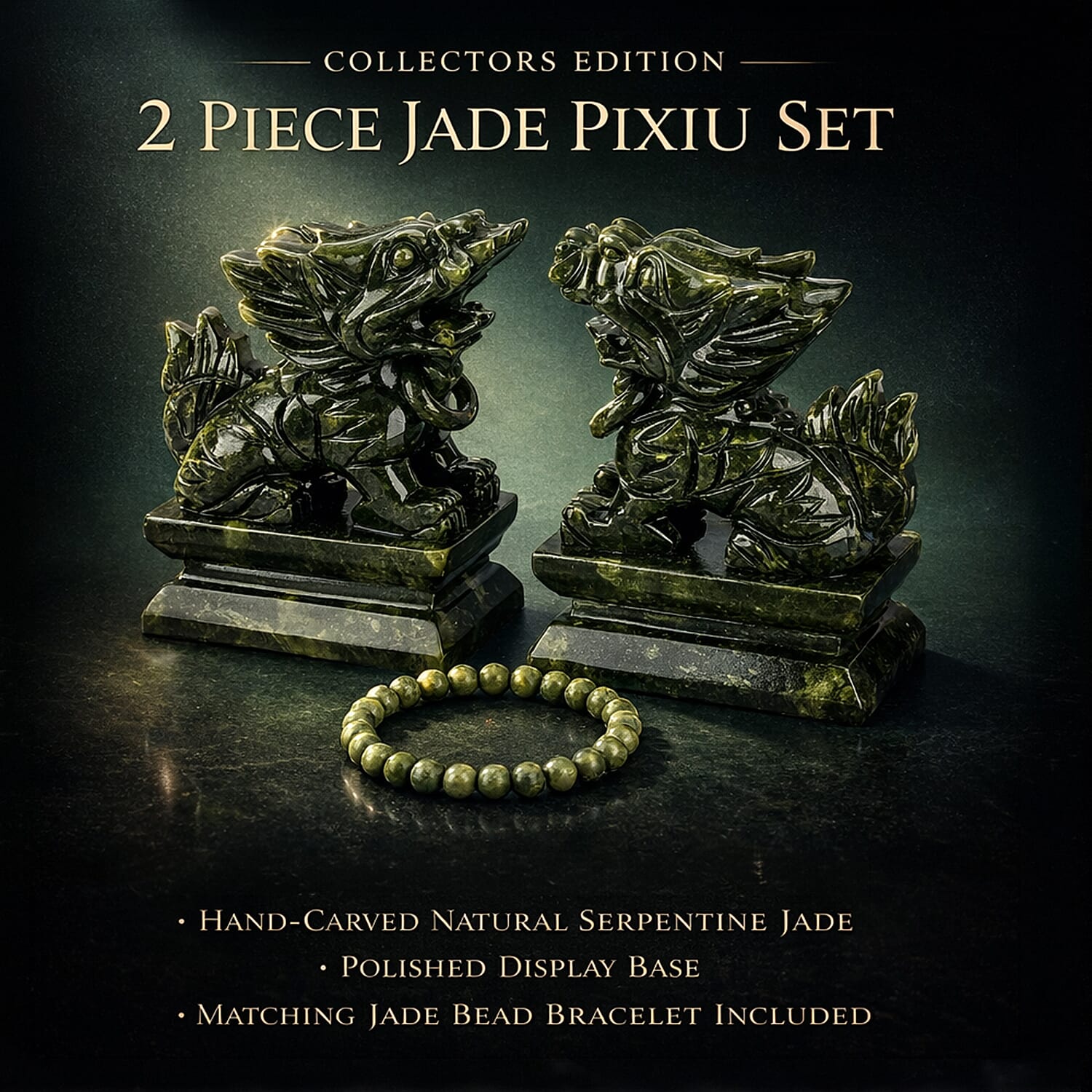 Natural Shungite Maneki Neko Lucky Cat Figurine 920.00 Ct & 2 Serpentine Jade Carved Pixiu Sculptures With Bracelet 5045.00 Ct.