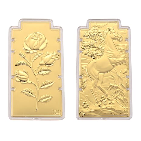 Set of 2 - 24K Yellow Gold (99.9% Purity) Rose Flower Embossed Foil,24K Yellow Gold (99.9% Purity) Large Horse Embossed Treasure - Symbolising Energy, Success & Freedom,