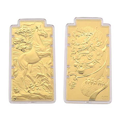 Set of 2 - 24K Yellow Gold (99.9% Purity) Large Horse Embossed Treasure - Symbolising Energy, Success & Freedom,24K Yellow Gold (99.9% Purity) Large Pixiu Embossed Treasure - Symbolising Prosperity an