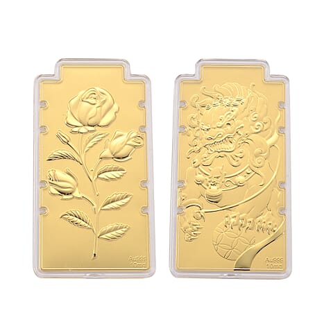 Set of 2 - 24K Yellow Gold (99.9% Purity) Rose Flower Embossed Foil,24K Yellow Gold (99.9% Purity) Large Pixiu Embossed Treasure - Symbolising Prosperity and Protection,