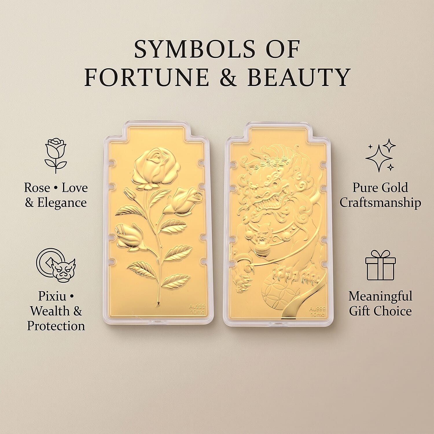 Set of 2 - 24K Yellow Gold (99.9% Purity) Rose Flower Embossed Foil,24K Yellow Gold (99.9% Purity) Large Pixiu Embossed Treasure - Symbolising Prosperity and Protection,