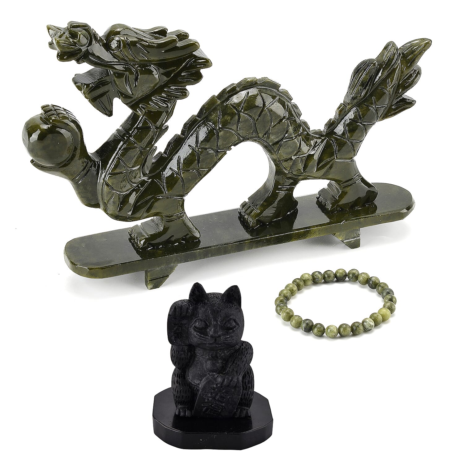 Natural Shungite Maneki Neko Lucky Cat Figurine and TJC EXCLUSIVE - Extremely Rare Hand Chinese Jade Carved (Serpentine) Dragon Ornament - Symbolising Strength & Perseverance With Bracelet