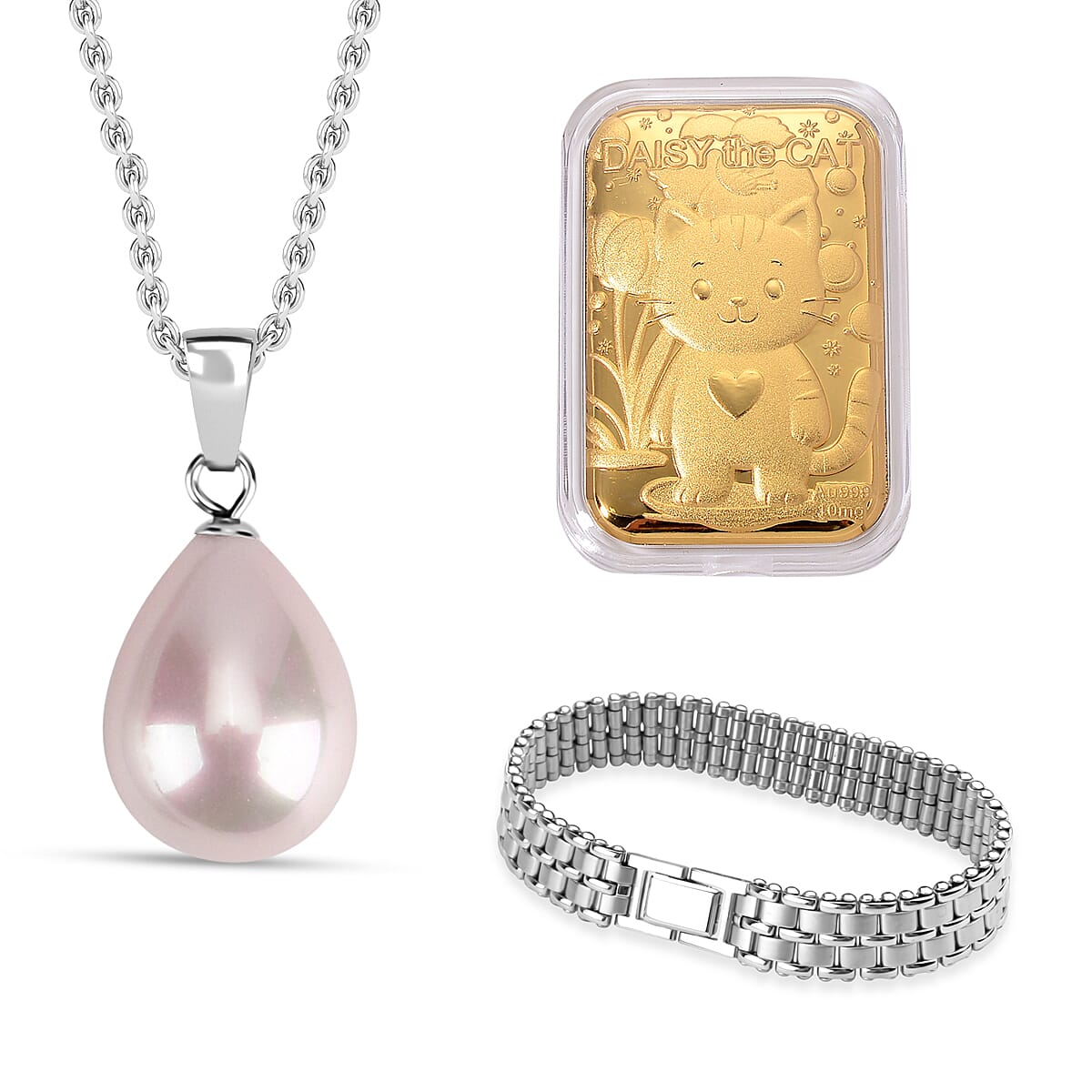 Set of 4 Mega Day Bundle - 24K Gold (99.9% Purity) Cat Keepsake, Hatton Garden Panther Bracelet, Pink Shell Pearl Pendant With Chain & Necklace-Earring Box With LED Light