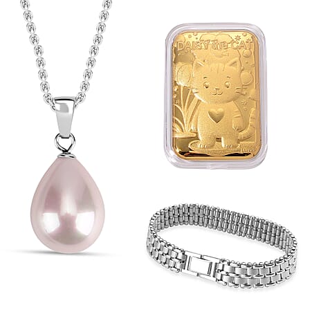 Set of 4 Mega Day Bundle - 24K Gold (99.9% Purity) Cat Keepsake, Hatton Garden Panther Bracelet, Pink Shell Pearl Pendant With Chain & Necklace-Earring Box With LED Light